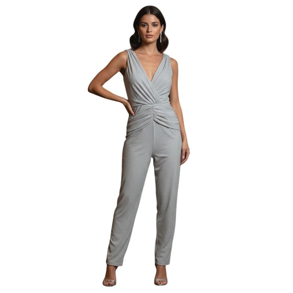 Petal + Pup Silver Metallic Glitter Ruched V-Neck Sleeveless Jumpsuit NWT US 6